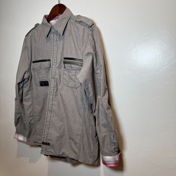 Fender Long Sleeve Button Up Washed Gray Reverse Cuff Men's Shirt Medium *SPOT* - Picture 5 of 16